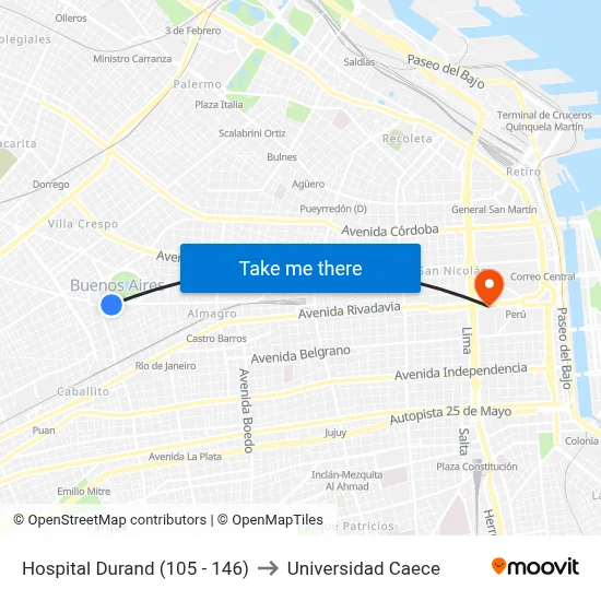 Hospital Durand (105 - 146) to Universidad Caece map