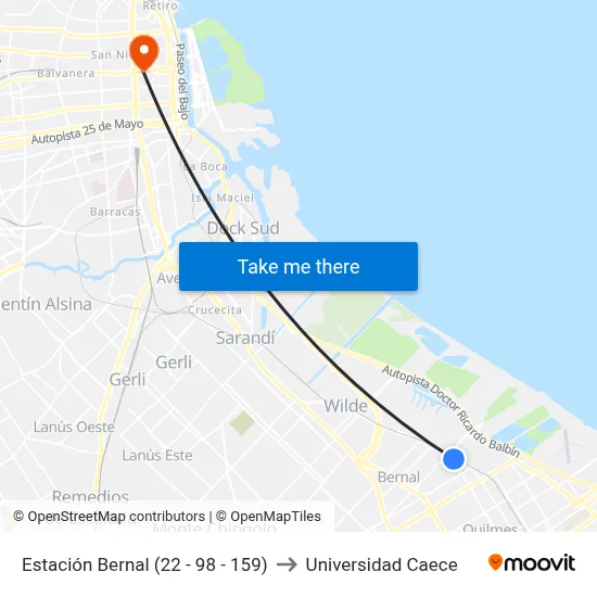 Estación Bernal (22 - 98 - 159) to Universidad Caece map