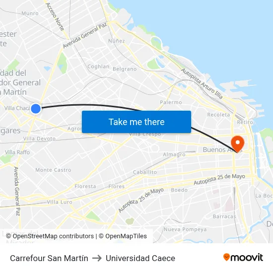 Carrefour San Martín to Universidad Caece map