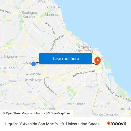 Urquiza Y Avenida San Martín to Universidad Caece map
