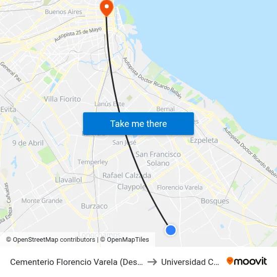 Cementerio Florencio Varela (Descenso) to Universidad Caece map
