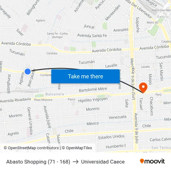Abasto Shopping (71 - 168) to Universidad Caece map