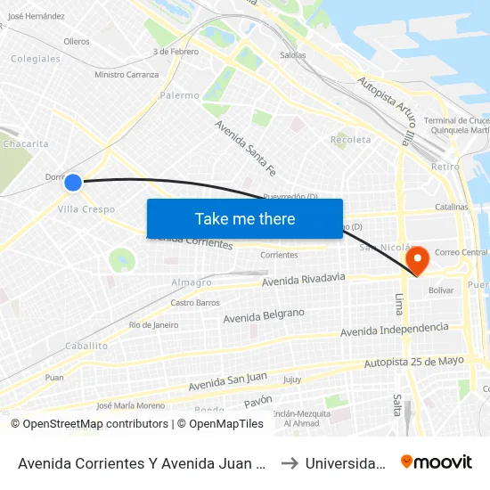 Avenida Corrientes Y Avenida Juan B. Justo (65 - 127) to Universidad Caece map