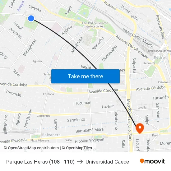 Parque Las Heras (108 - 110) to Universidad Caece map