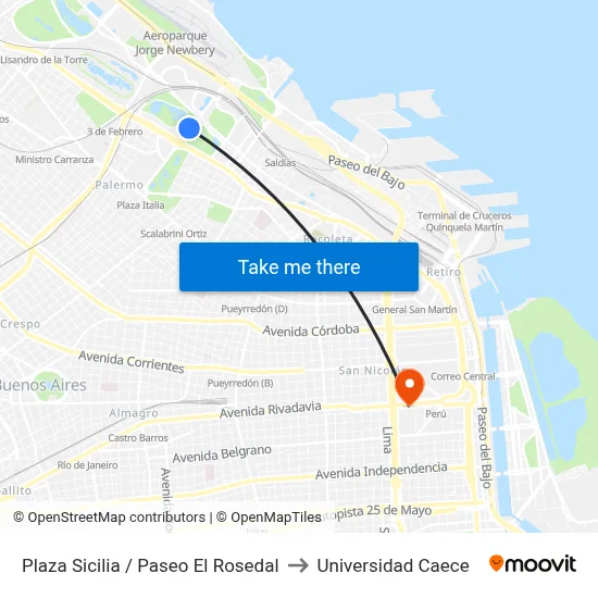 Plaza Sicilia / Paseo El Rosedal to Universidad Caece map