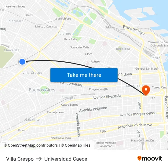Villa Crespo to Universidad Caece map