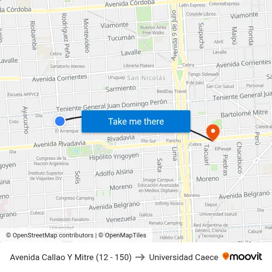 Avenida Callao Y Mitre (12 - 150) to Universidad Caece map