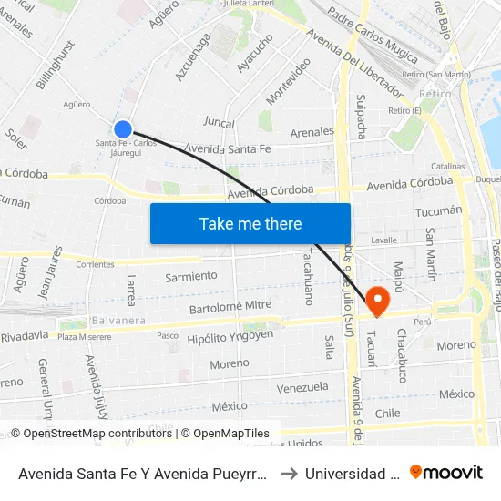 Avenida Santa Fe Y Avenida Pueyrredón (64 - 68) to Universidad Caece map