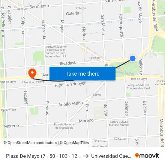 Plaza De Mayo (7 - 50 - 103 - 126) to Universidad Caece map
