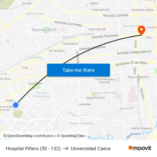 Hospital Piñero (50 - 132) to Universidad Caece map