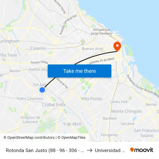 Rotonda San Justo (88 - 96 - 306 - 406 - 621) to Universidad Caece map