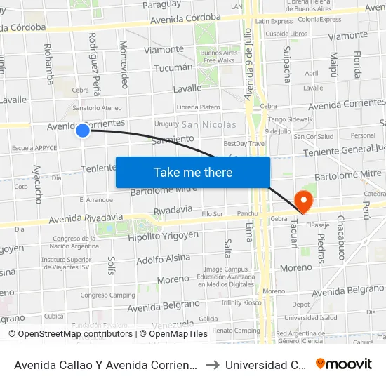 Avenida Callao Y Avenida Corrientes (50) to Universidad Caece map