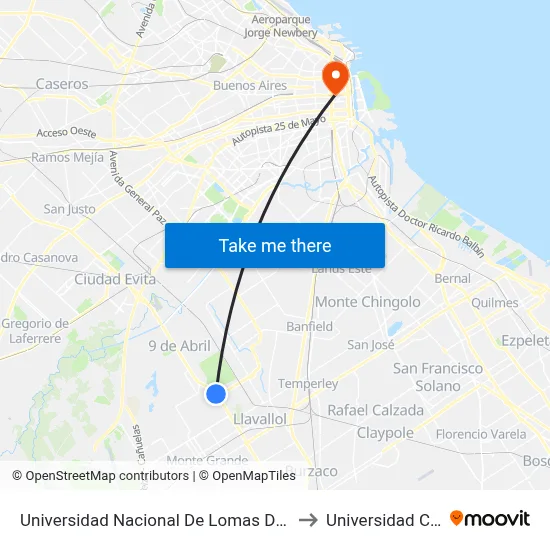 Universidad Nacional De Lomas De Zamora to Universidad Caece map