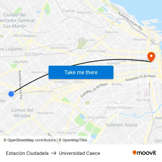 Estación Ciudadela to Universidad Caece map