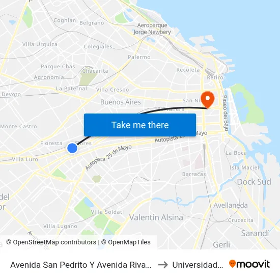 Avenida San Pedrito Y Avenida Rivadavia (76 - 145) to Universidad Caece map