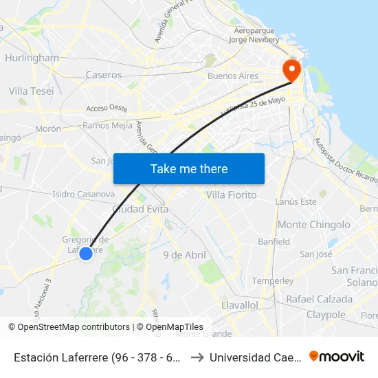 Estación Laferrere (96 - 378 - 620) to Universidad Caece map