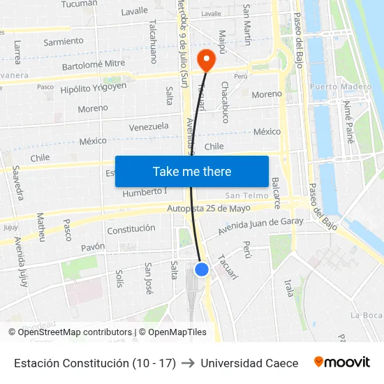 Estación Constitución (10 - 17) to Universidad Caece map