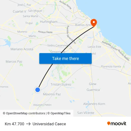 Km 47.700 to Universidad Caece map
