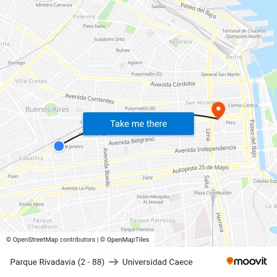 Parque Rivadavia (2 - 88) to Universidad Caece map