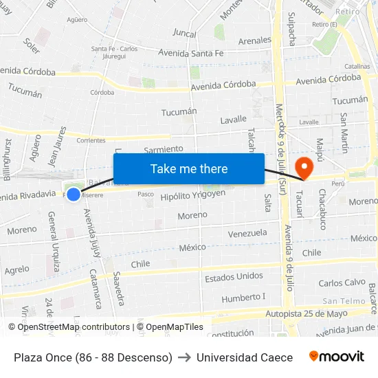 Plaza Once (86 - 88 Descenso) to Universidad Caece map