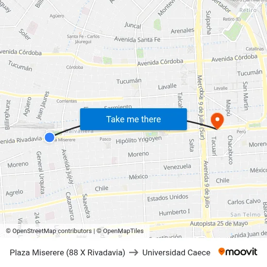 Plaza Miserere (88 X Rivadavia) to Universidad Caece map