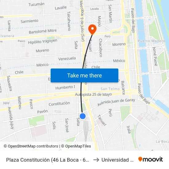 Plaza Constitución (46 La Boca - 65 - 97 Final) to Universidad Caece map