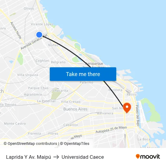 Laprida Y Av. Maipú to Universidad Caece map