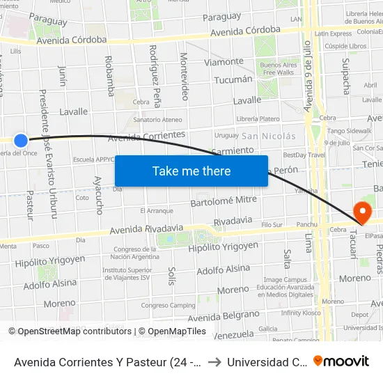 Avenida Corrientes Y Pasteur (24 - 26 - 146) to Universidad Caece map