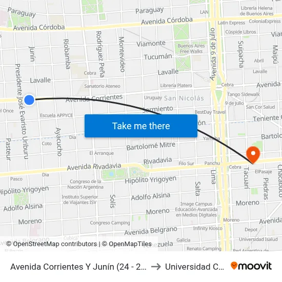Avenida Corrientes Y Junín (24 - 26 - 146) to Universidad Caece map