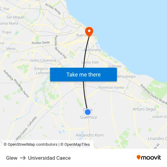 Glew to Universidad Caece map