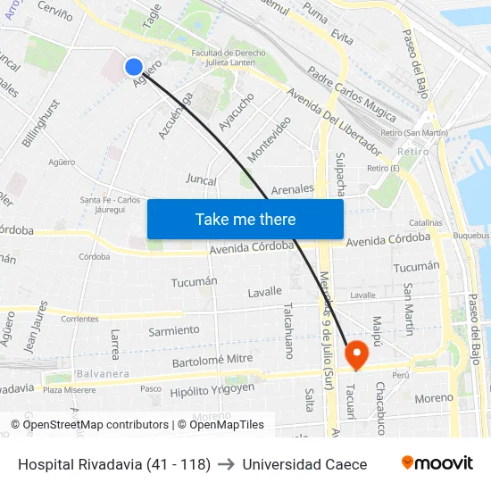 Hospital Rivadavia (41 - 118) to Universidad Caece map