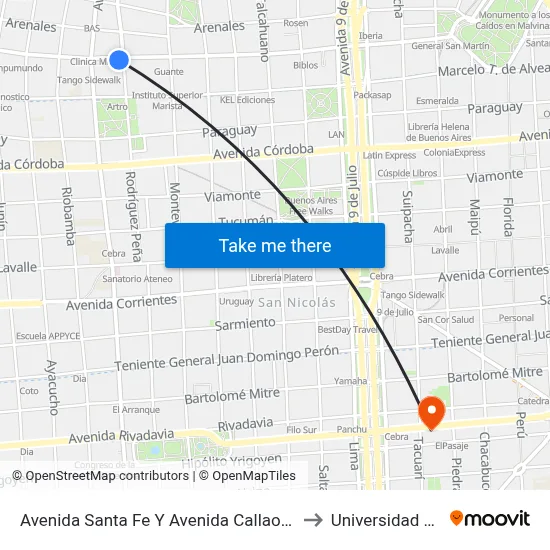Avenida Santa Fe Y Avenida Callao (106 - 152) to Universidad Caece map