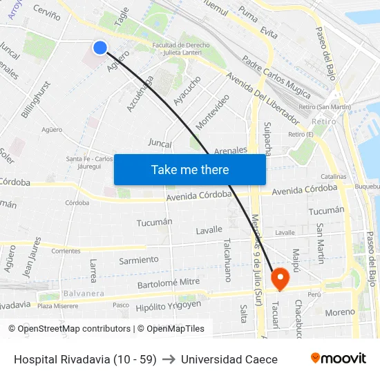 Hospital Rivadavia (10 - 59) to Universidad Caece map