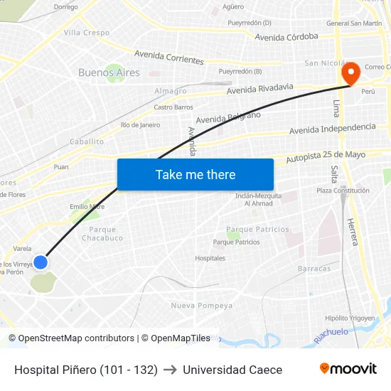 Hospital Piñero (101 - 132) to Universidad Caece map