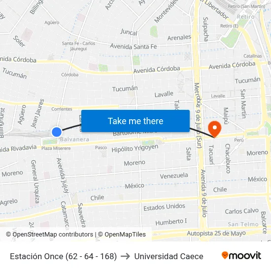 Estación Once (62 - 64 - 168) to Universidad Caece map