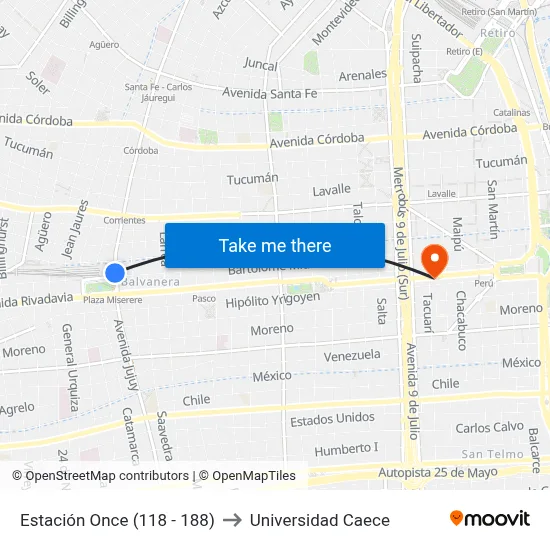 Estación Once (118 - 188) to Universidad Caece map