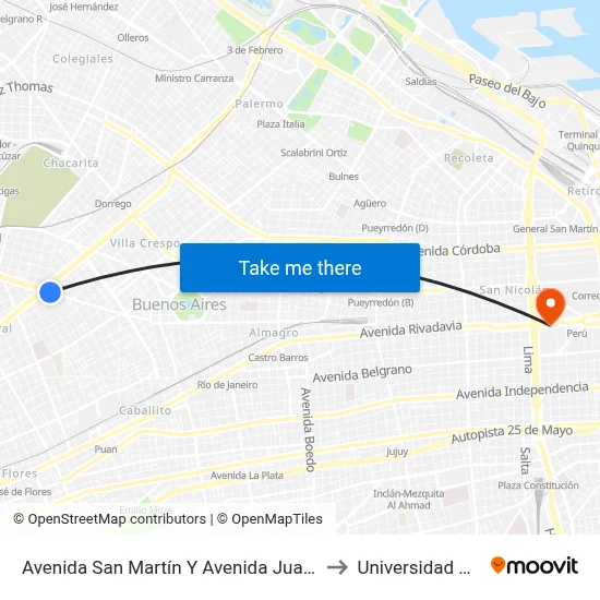 Avenida San Martín Y Avenida Juan B. Justo to Universidad Caece map