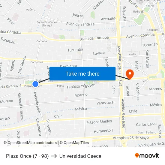 Plaza Once (7 - 98) to Universidad Caece map