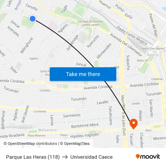 Parque Las Heras (118) to Universidad Caece map
