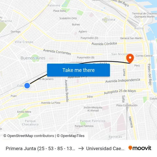 Primera Junta (25 - 53 - 85 - 132) to Universidad Caece map