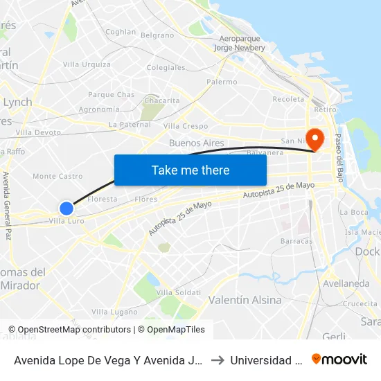 Avenida Lope De Vega Y Avenida Juan B. Justo to Universidad Caece map