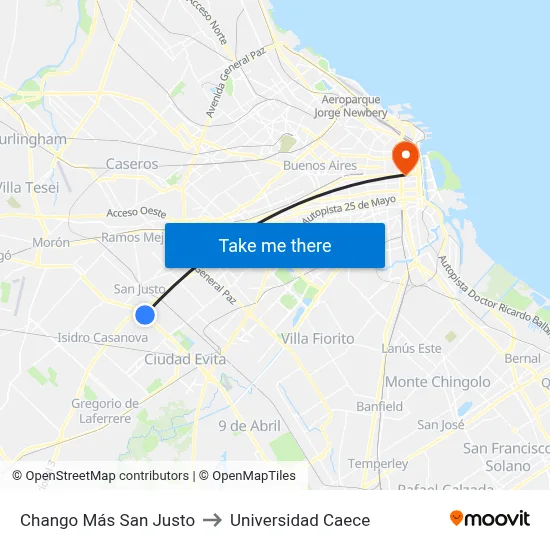 Chango Más San Justo to Universidad Caece map