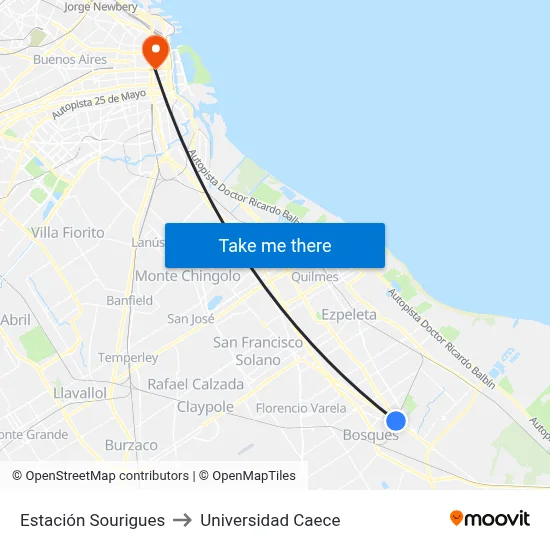 Estación Sourigues to Universidad Caece map