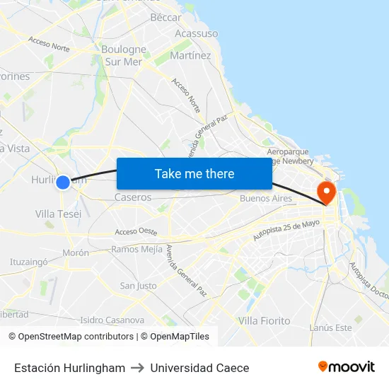 Estación Hurlingham to Universidad Caece map