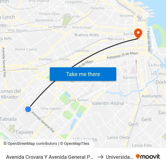 Avenida Crovara Y Avenida General Paz (92 - 103 - 126 - 185) to Universidad Caece map