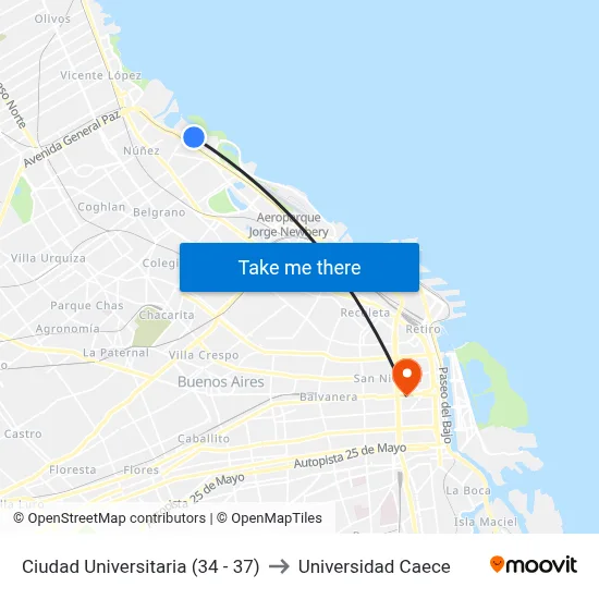 Ciudad Universitaria (34 - 37) to Universidad Caece map
