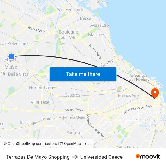 Terrazas De Mayo Shopping to Universidad Caece map
