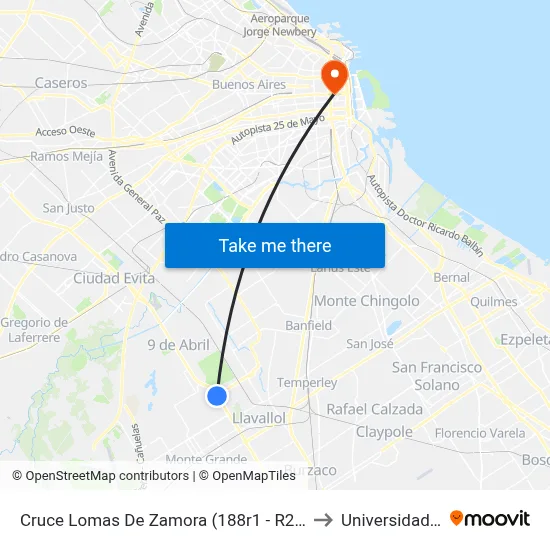 Cruce Lomas De Zamora (188r1 - R2 - R3 - 421 - 501) to Universidad Caece map