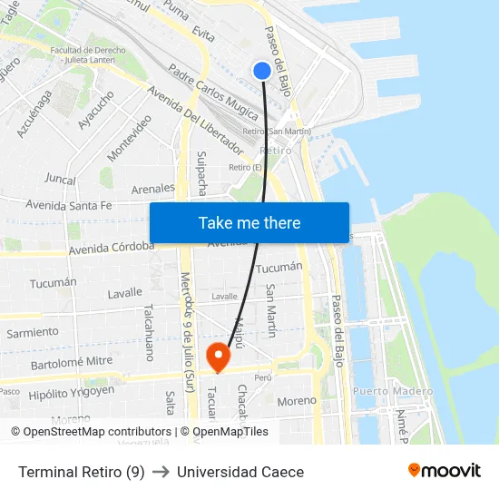 Terminal Retiro (9) to Universidad Caece map