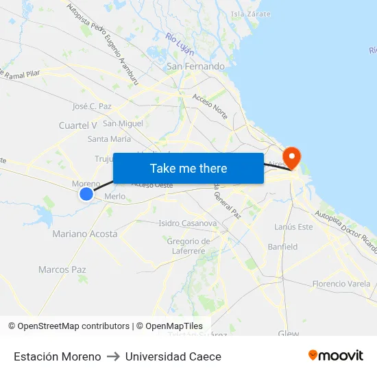 Estación Moreno to Universidad Caece map